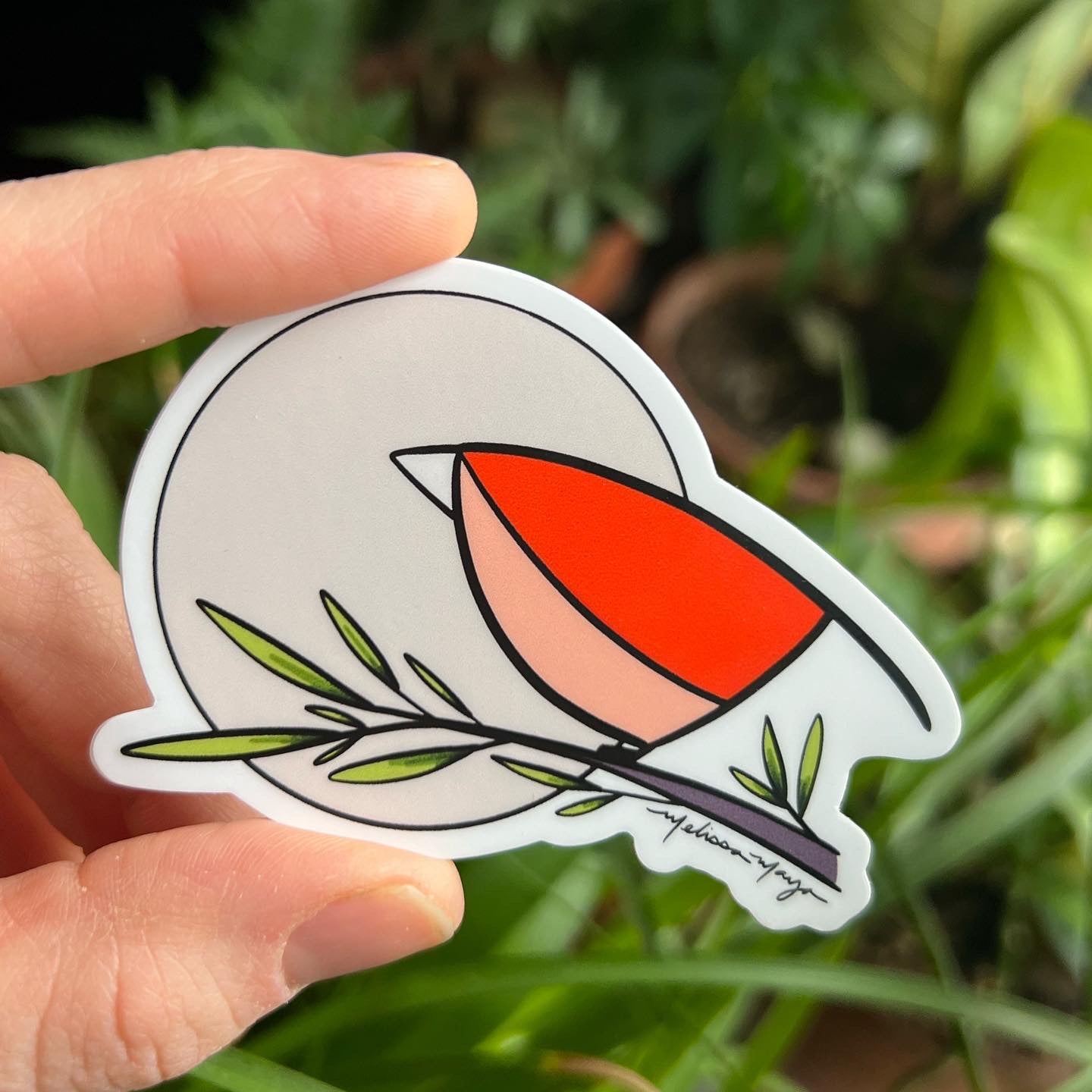 Red Bird with Moon STICKER. 3 x 2.5 inches. SCROLL DOWN to build you sticker pack - 20% off two or more