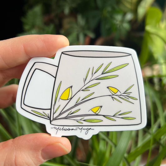 Mug with Yellow Birds STICKER. 3 x 2 inches. SCROLL DOWN to build you sticker pack - 20% off two or more